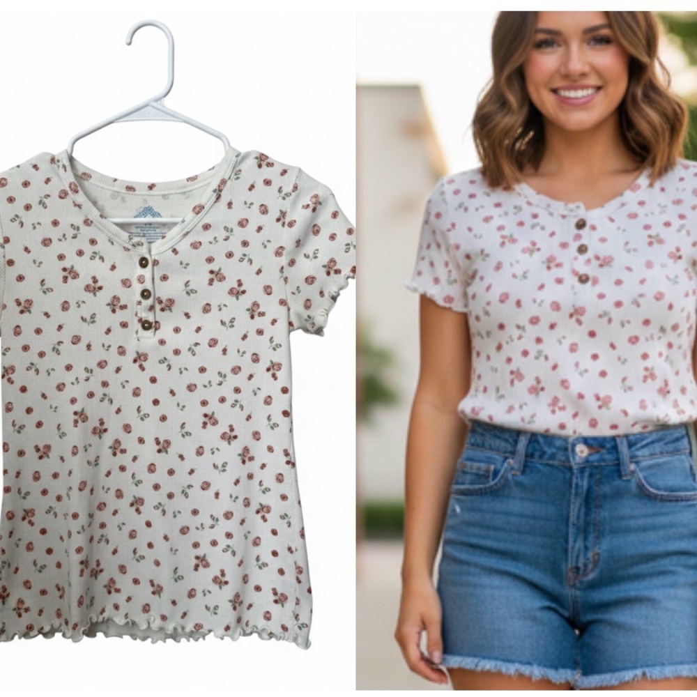 Y2k cottagecore lettuce edge Floral Ribbed babydoll shirt - youth L Adult XS S